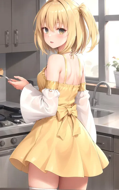 (masterpiece, best quality:1.4), insaneres, absurdres, solo, looking at viewer,BREAK 
FAP_ARTSTYLE_sasaame_ra_ownwaifu,
1girl, armlet, bangs, bare shoulders, blonde hair, collarbone, frills, hair between eyes,  skirt, thighs, white jacket, wide sleeves, yellow thighhighs
(looking back, from behind), cooking, frying pan, kitchen, indoors, <lora:FAP_ARTSTYLE_sasaame_ra_ownwaifu:0.8> , depth of field