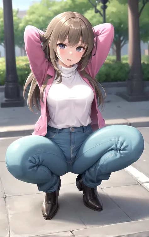 (masterpiece, best quality:1.4), insaneres, absurdres, solo, looking at viewer,BREAK
FAP_ARTSTYLE_sasaame_ra_ownwaifu,
1girl, black eyes, brown hair, long hair, medium breasts, makeup,
long sleeves, sweater, pink jacket, turtleneck, blue pants, formal,
(squatting, tiptoes, spread legs, arms behind head), full body, street, outdoors, <lora:FAP_ARTSTYLE_sasaame_ra_ownwaifu:0.75> , depth of field