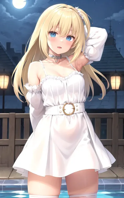 (masterpiece, best quality:1.4), insaneres, absurdres, solo, looking at viewer,BREAK 
FAP_ARTSTYLE_sasaame_ra_ownwaifu,
1girl, armlet, bangs, bare shoulders, blonde hair, collarbone, frills, hair between eyes,  skirt, thighs, white jacket, wide sleeves, yellow thighhighs
(contrapposto, arms behind head), neon_lights, cityscape, night, pool, full moon, outdoors, <lora:FAP_ARTSTYLE_sasaame_ra_ownwaifu:0.9> , depth of field