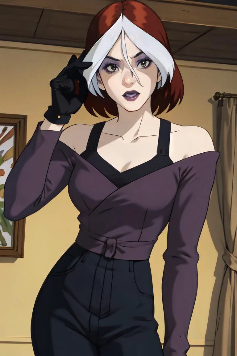 straight-on,pose,looking at viewer,solo, BREAK,
CARTOON_rogue_shirt_ownwaifu, www.ownwaifu.com,
two-tone hair, brown hair, white hair, short hair, makeup, lipstick, hair between eyes, breasts, grey eyes, purple lips, eyeshadow, nose, medium breasts, split-color_hair, lips, pale skin, toned, narrow waist, curvy, collarbone,
shirt, black gloves, off shoulder, bare shoulders, black pants, long sleeves, dress,
<lora:CARTOON_X_MEN_Evolution_Rogue_ownwaifu-15:0.8>, BREAK,, official art,extremely detailed CG unity 8k wallpaper, perfect lighting,Colorful, Bright_Front_face_Lighting,shiny skin, (masterpiece:1.0),(best_quality:1.0), ultra high res,4K,ultra-detailed, photography, 8K, HDR, highres, (absurdres:1.2), Kodak portra 400, film grain, blurry background,(vibrant_color:1.2),professional photograph,