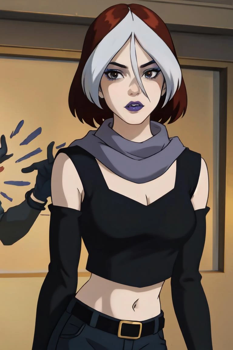 straight-on,pose,looking at viewer,solo, BREAK,
CARTOON_rogue_scarf_ownwaifu, www.ownwaifu.com,
two-tone hair, brown hair, white hair, short hair, makeup, lipstick, hair between eyes, breasts, grey eyes, purple lips, eyeshadow, nose, medium breasts, split-color_hair, lips, pale skin, toned, narrow waist, curvy, collarbone,
cleavage, elbow gloves, blue scarf, black gloves, black dress, sleeveless, midriff, pants, scarf, jewelry, bracelet, belt, detached sleeves,
<lora:CARTOON_X_MEN_Evolution_Rogue_ownwaifu-15:0.8>, BREAK,, official art,extremely detailed CG unity 8k wallpaper, perfect lighting,Colorful, Bright_Front_face_Lighting,shiny skin, (masterpiece:1.0),(best_quality:1.0), ultra high res,4K,ultra-detailed, photography, 8K, HDR, highres, (absurdres:1.2), Kodak portra 400, film grain, blurry background,(vibrant_color:1.2),professional photograph,