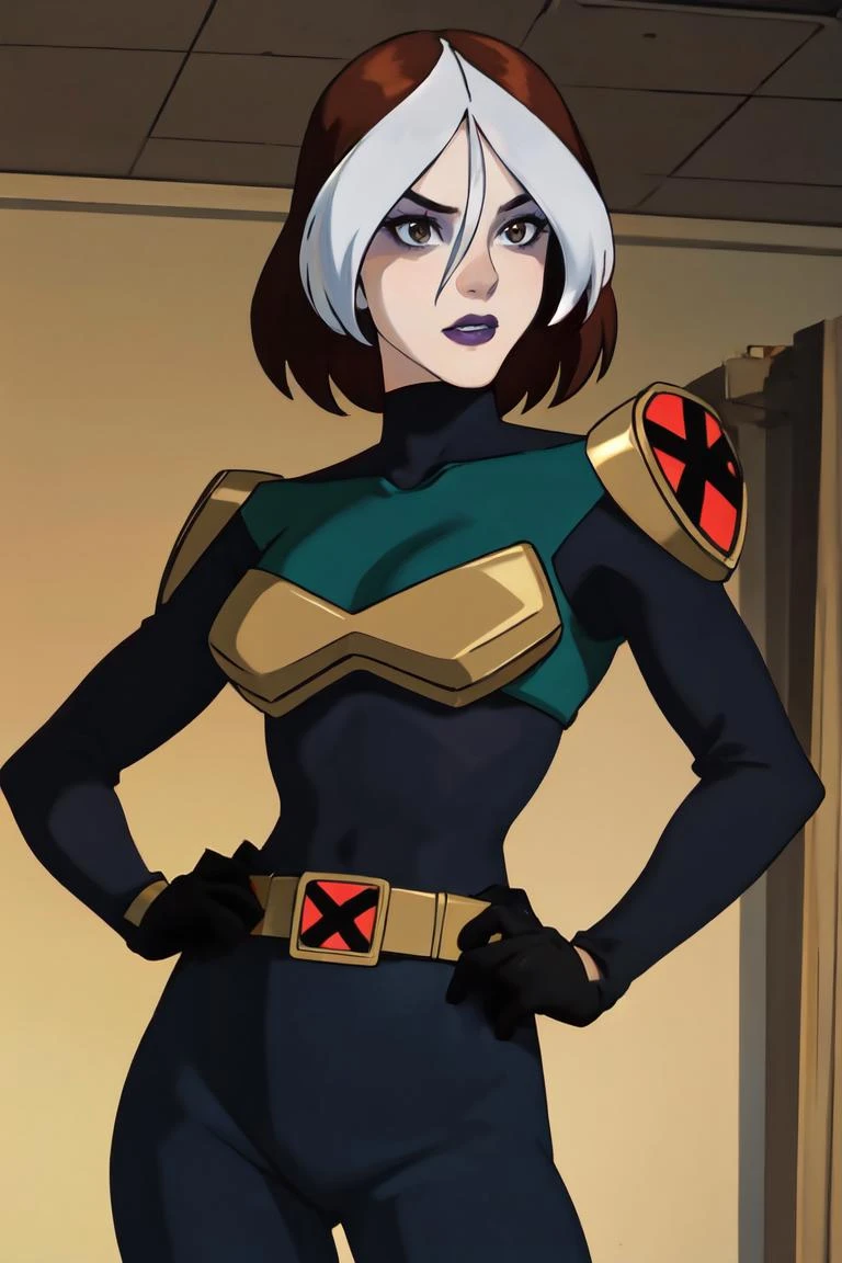 straight-on,pose,looking at viewer,solo, BREAK,
CARTOON_rogue_costume_ownwaifu, www.ownwaifu.com,
two-tone hair, brown hair, white hair, short hair, makeup, lipstick, hair between eyes, breasts, grey eyes, purple lips, eyeshadow, nose, medium breasts, split-color_hair, lips, pale skin, toned, narrow waist, curvy, collarbone,
belt, bodysuit, armor, belt buckle, brown gloves, shoulder pads, turtleneck, yellow belt, skin tight,
<lora:CARTOON_X_MEN_Evolution_Rogue_ownwaifu-15:0.8>, BREAK,, official art,extremely detailed CG unity 8k wallpaper, perfect lighting,Colorful, Bright_Front_face_Lighting,shiny skin, (masterpiece:1.0),(best_quality:1.0), ultra high res,4K,ultra-detailed, photography, 8K, HDR, highres, (absurdres:1.2), Kodak portra 400, film grain, blurry background,(vibrant_color:1.2),professional photograph,