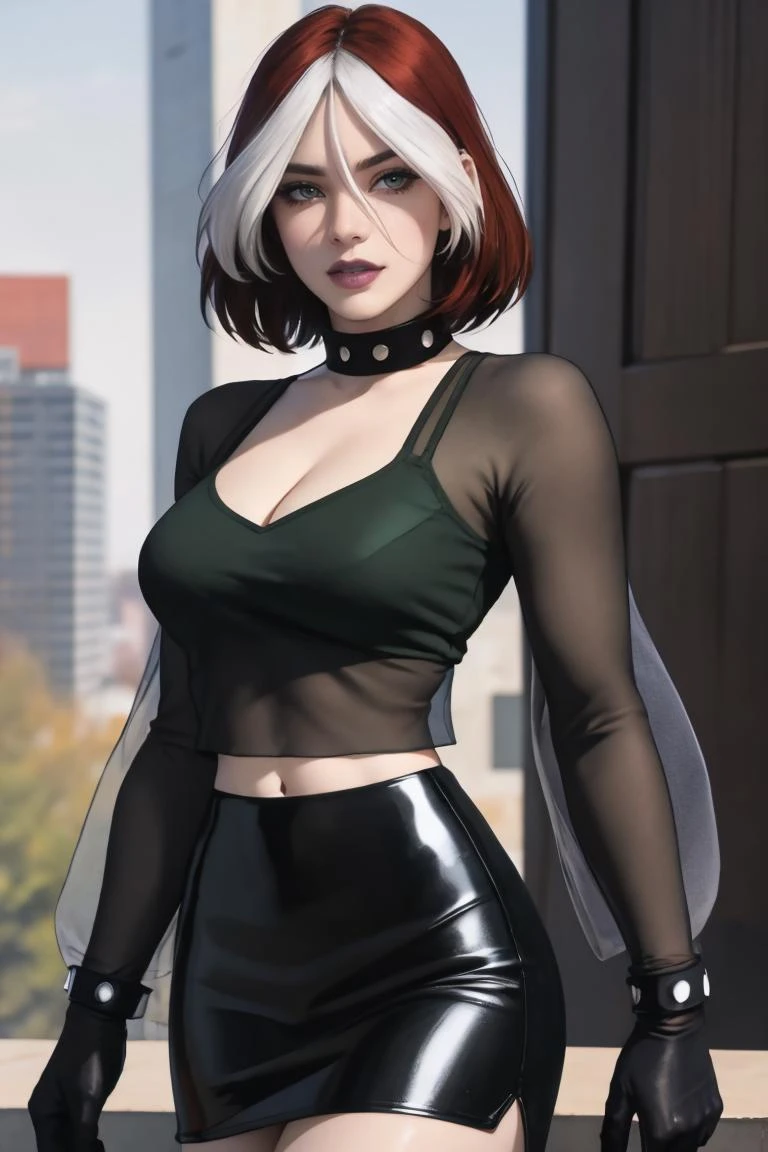 straight-on,pose,looking at viewer,solo, BREAK,
CARTOON_rogue_greentop_ownwaifu, www.ownwaifu.com,
two-tone hair, brown hair, white hair, short hair, makeup, lipstick, hair between eyes, breasts, grey eyes, purple lips, eyeshadow, nose, medium breasts, split-color_hair, lips, pale skin, toned, narrow waist, curvy,
spiked collar, collar, black gloves, shirt, black skirt,black pants, see-through, cleavage, green jacket, long sleeves, crop top, miniskirt, spiked bracelet, pencil skirt, silk,
<lora:CARTOON_X_MEN_Evolution_Rogue_ownwaifu-15:0.8>, BREAK, official art,extremely detailed CG unity 8k wallpaper, perfect lighting,Colorful, Bright_Front_face_Lighting,shiny skin, (masterpiece:1.0),(best_quality:1.0), ultra high res,4K,ultra-detailed, photography, 8K, HDR, highres, (absurdres:1.2), Kodak portra 400, film grain, blurry background,(vibrant_color:1.2),professional photograph,