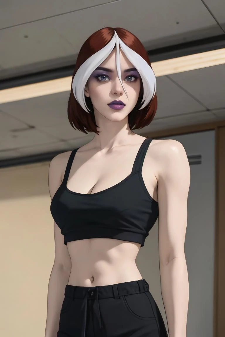 straight-on,pose,looking at viewer,solo, BREAK,
CARTOON_rogue_tanktop_ownwaifu, www.ownwaifu.com,
two-tone hair, brown hair, white hair, short hair, makeup, lipstick, hair between eyes, breasts, grey eyes, purple lips,  eyeshadow, nose, medium breasts, split-color_hair, lips, pale skin, toned, narrow waist, curvy, 
tank top, black gloves,  pants, midriff, cleavage, bare shoulders, crop top, sports bra, 
<lora:CARTOON_X_MEN_Evolution_Rogue_ownwaifu-15:0.8>, BREAK, official art,extremely detailed CG unity 8k wallpaper, perfect lighting,Colorful, Bright_Front_face_Lighting,shiny skin, (masterpiece:1.0),(best_quality:1.0), ultra high res,4K,ultra-detailed, photography, 8K, HDR, highres, (absurdres:1.2), Kodak portra 400, film grain, blurry background,(vibrant_color:1.2),professional photograph,