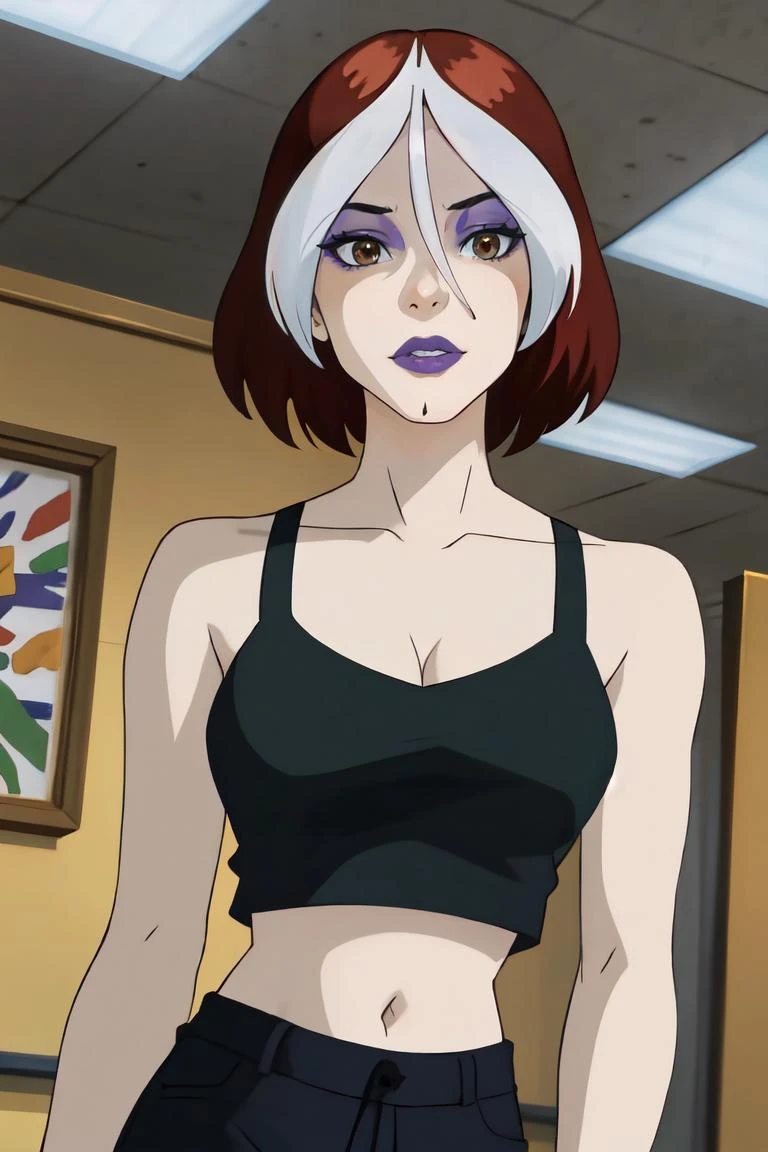 straight-on,pose,looking at viewer,solo, BREAK,
CARTOON_rogue_tanktop_ownwaifu, www.ownwaifu.com,
two-tone hair, brown hair, white hair, short hair, makeup, lipstick, hair between eyes, breasts, grey eyes, purple lips, eyeshadow, nose, medium breasts, split-color_hair, lips, pale skin, toned, narrow waist, curvy, collarbone,
tank top, black gloves, pants, midriff, cleavage, bare shoulders, crop top, sports bra,
<lora:CARTOON_X_MEN_Evolution_Rogue_ownwaifu-15:0.8>, BREAK,, official art,extremely detailed CG unity 8k wallpaper, perfect lighting,Colorful, Bright_Front_face_Lighting,shiny skin, (masterpiece:1.0),(best_quality:1.0), ultra high res,4K,ultra-detailed, photography, 8K, HDR, highres, (absurdres:1.2), Kodak portra 400, film grain, blurry background,(vibrant_color:1.2),professional photograph,
