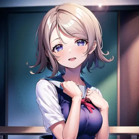 1girl, solo,(best quality),(masterpiece:1.1),(school uniform:1.4),dress, looking_at_viewer, neck_ribbon, studio background, cute, clear facial skin,
