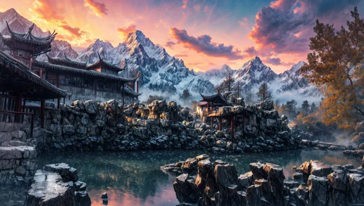 ((masterpiece:1.4,best quality)), cloud,  outdoors
(mountains), spring glade, scenery, sky, winter,
(early morning:1.4),morning red, high detail, abundant, 8k, high detail, wallpaper,
<lora:more_details:1.5>, <lora:suzhouyuanlin:1>