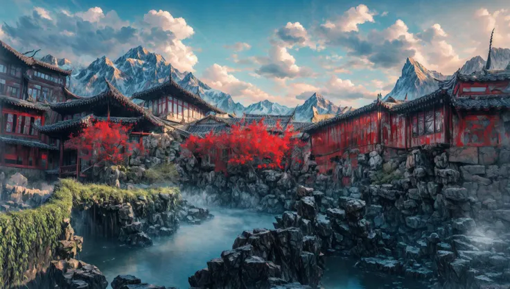 ((masterpiece:1.4,best quality)), cloud,  outdoors
(mountains), spring glade, scenery, sky, winter,
(early morning:1.4),morning red, high detail, abundant, 8k, high detail, wallpaper,
<lora:more_details:1.5>, <lora:suzhouyuanlin:1>