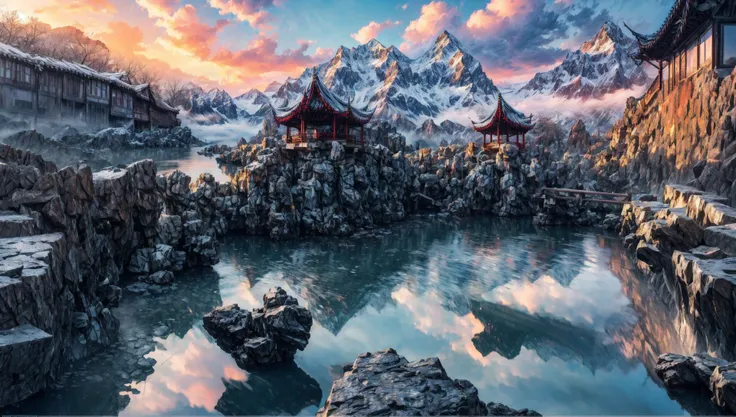 ((masterpiece:1.4,best quality)), cloud,  outdoors
(mountains), spring glade, scenery, sky, winter,
(early morning:1.4),morning red, high detail, abundant, 8k, high detail, wallpaper,
<lora:more_details:1.5>, <lora:suzhouyuanlin:1>