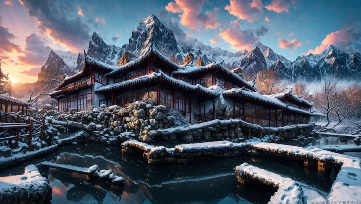 ((masterpiece:1.4,best quality)), cloud,  outdoors
(mountains), spring glade, scenery, sky, winter,
(early morning:1.4),morning red, high detail, abundant, 8k, high detail, wallpaper,
<lora:more_details:1.5>, <lora:suzhouyuanlin:1>