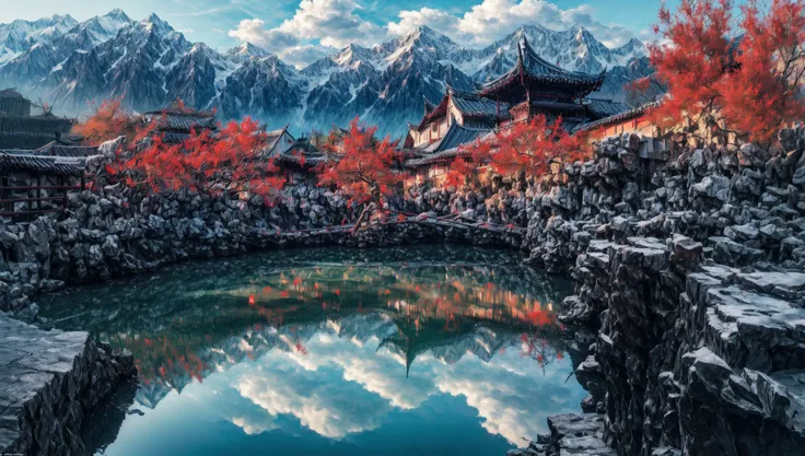 ((masterpiece:1.4,best quality)), cloud,  outdoors
(mountains), spring glade, scenery, sky, winter,
(early morning:1.4),morning red, high detail, abundant, 8k, high detail, wallpaper,
<lora:more_details:1.5>, <lora:suzhouyuanlin:1>