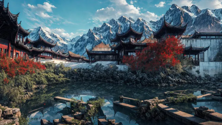 ((masterpiece:1.4,best quality)), cloud,  outdoors
(mountains), spring glade, scenery, sky, winter,
(early morning:1.4),morning red, high detail, abundant, 8k, high detail, wallpaper,
<lora:more_details:1.5>, <lora:suzhouyuanlin:1>