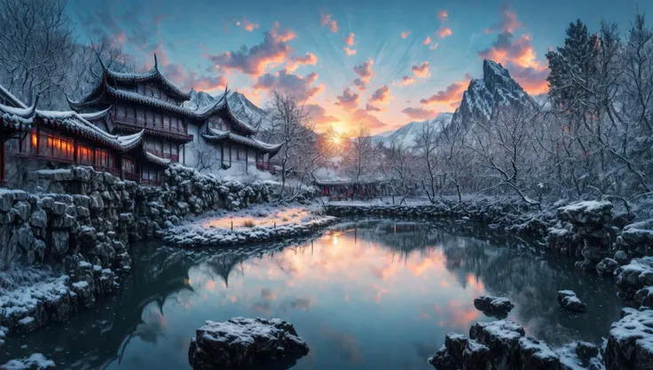 ((masterpiece:1.4,best quality)), cloud,  outdoors
(mountains), spring glade, scenery, sky, winter,
(early morning:1.4),morning red, high detail, abundant, 8k, high detail, wallpaper,
<lora:more_details:1.5>, <lora:suzhouyuanlin:1>