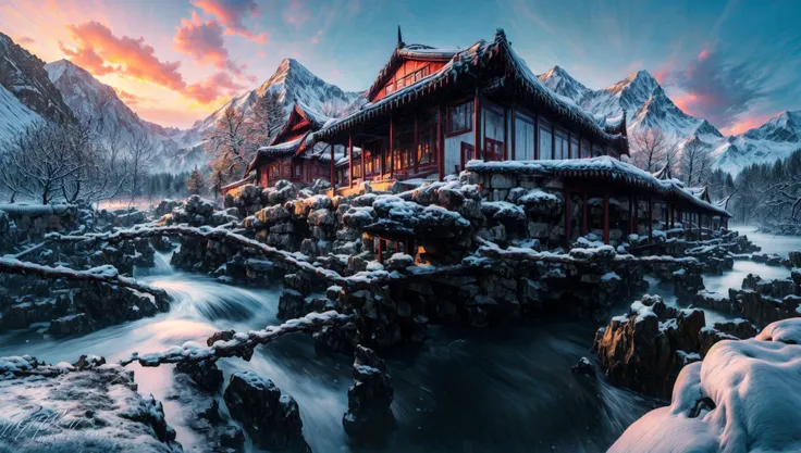 ((masterpiece:1.4,best quality)), cloud,  outdoors
(mountains), spring glade, scenery, sky, winter,
(early morning:1.4),morning red, high detail, abundant, 8k, high detail, wallpaper,
<lora:more_details:1.5>, <lora:suzhouyuanlin:1>