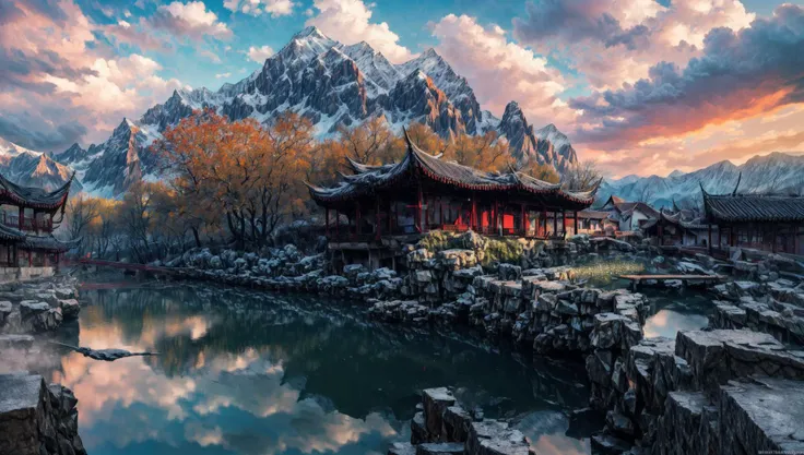 ((masterpiece:1.4,best quality)), cloud,  outdoors
(mountains), spring glade, scenery, sky, winter,
(early morning:1.4),morning red, high detail, abundant, 8k, high detail, wallpaper,
<lora:more_details:1.5>, <lora:suzhouyuanlin:1>