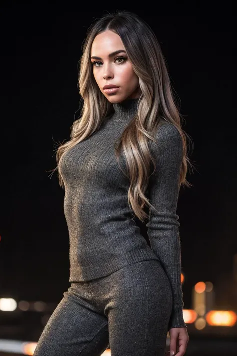 photo of M4xx1n3Dupr1_HM-140, a woman, perfect hair, (modern photo), wearing long sweater and slacks, 28mm medium telephoto (analog, cinematic, film grain:1.3), Martian Mining Outpost, Remote outpost with drilling rigs, robotic mining, and resource transport., detailed eyes, professional pose, (epiCPhoto), (looking at viewer:1.1), (cinematic shot:1.3), (Rembrandt style lighting), (OverallDetail:1.1), SkinHairDetail