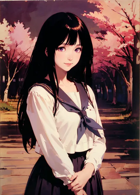 photorealistic,,(John Singer Sargent:1.2),
1girl,chitanda eru, long hair, black hair, school uniform, deep purple eyes, white shirt, white socks, pleated skirt, bangs, black sailor collar, neckerchief, black skirt, long sleeves,cowboy shot:1.3, smile,
cherry blossoms fall, 
<lora:chitanda_eru_v10:0.8> <lora:Ayami Kojima:0.5> <lora:çå­ç³»åââç«ç°äºåFlame cloud:0.2>, <lora:hair_with_scenery:0.5>