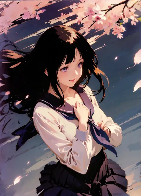 photorealistic,,(John Singer Sargent:1.2),
1girl,chitanda eru, long hair, black hair, school uniform, deep purple eyes, white shirt, white socks, pleated skirt, bangs, black sailor collar, neckerchief, black skirt, long sleeves,cowboy shot:1.3, smile,
cherry blossoms fall, wind,floating hair,spread hands,
<lora:chitanda_eru_v10:0.8> <lora:Ayami Kojima:0.5> <lora:çå­ç³»åââç«ç°äºåFlame cloud:0.2>, <lora:hair_with_scenery:0.8>