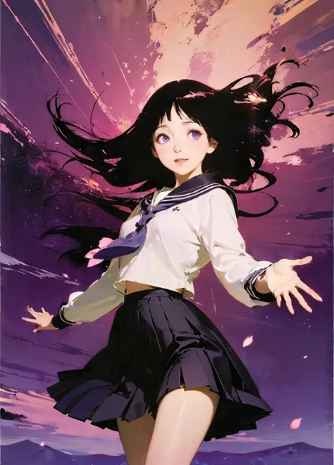 (John Singer Sargent:1.2),
1girl,chitanda eru, long hair, black hair, school uniform, deep purple eyes, white shirt, white socks, pleated skirt, bangs, black sailor collar, neckerchief, black skirt, long sleeves,cowboy shot:1.3, smile,
cherry blossoms fall, wind,floating hair,spread hands,sunset,
<lora:chitanda_eru_v10:0.8> <lora:Ayami Kojima:0.5> <lora:çåç³»åââç«ç°äºå
Flame cloud:0.2>, <lora:hair_with_scenery:0.8>