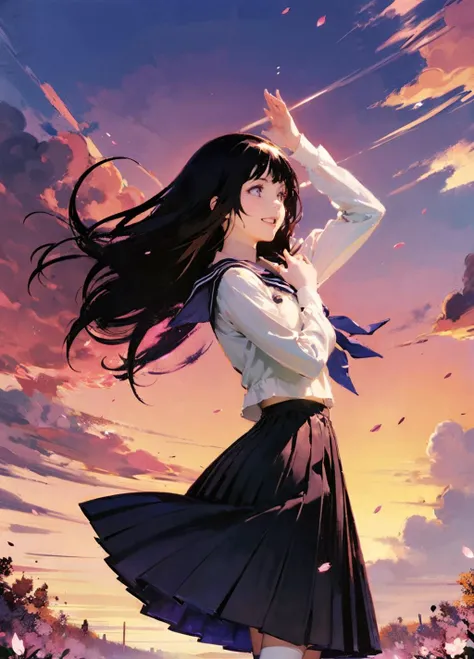 (John Singer Sargent:1.2),
1girl,chitanda eru, long hair, black hair, school uniform, deep purple eyes, white shirt, white socks, pleated skirt, bangs, black sailor collar, neckerchief, black skirt, long sleeves,cowboy shot:1.3, smile,
cherry blossoms fall, wind,floating hair,spread hands,sunset,
<lora:chitanda_eru_v10:0.8> <lora:Ayami Kojima:0.5> <lora:çåç³»åââç«ç°äºå
Flame cloud:0.2>, <lora:hair_with_scenery:0.8>