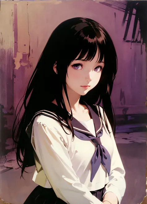 photorealistic,,(John Singer Sargent:1.2),
1girl,chitanda eru, long hair, black hair, school uniform, deep purple eyes, white shirt, white socks, pleated skirt, bangs, black sailor collar, neckerchief, black skirt, long sleeves,cowboy shot:1.3, <lora:chitanda_eru_v10:0.8> <lora:Ayami Kojima:0.5>