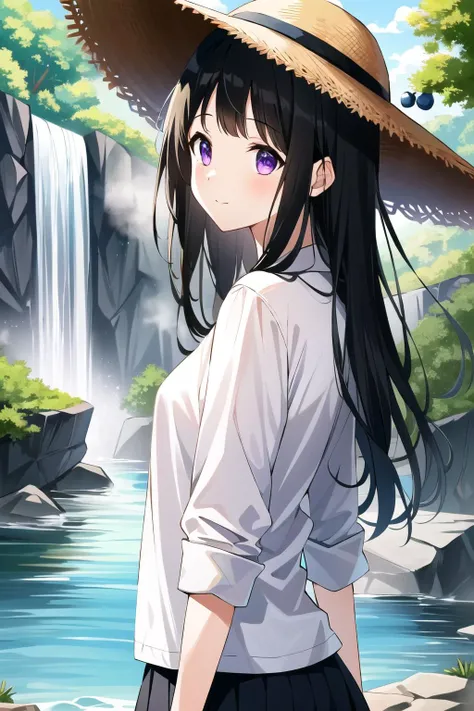 <lora:Chitanda Eru madoka:0.65> , chitanda eru, black hair, purple eyes, casual clothes, skirt, black ,long hair, oversized clothes,
closed mouth , standing, small breasts, outdoors, breasts, serene expression, (from behind:1.1), black headwear, hat,
(high quality:1.1), 1girl , detailed background, upper body, looking to the side,day, waterfall,lake, sunny, water, portrait, rocks, tree,<lora:NoiseOffset_v2:1.0>