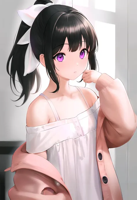 master_piece,high_quality,extremely detailed CG 8K wallpaper,depth_of field,ultra-detailed, chitanda eru,detailed black hair,{detailed purple eye},girl,solo,ponytail,{{white Off-shoulder Top}},Salmon coat,white shoulder strap,white hair accessories,cute,family_friendly, <lora:chitanda_eru_v10:1>