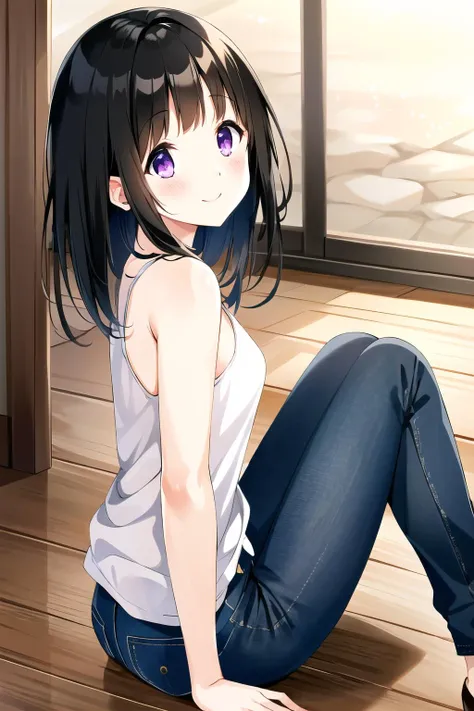 <lora:Chitanda Eru madoka:0.65> , chitanda eru, black hair, purple eyes, casual clothes, mini jeans, white shirt,
closed mouth , sitting, on floor, small breasts, indoors, breasts, sleeveless, bare shoulders, blush,smile, from side,
(high quality:1.1), 1girl , detailed background, knees up, upper body, hands down,<lora:NoiseOffset_v2:1.0>