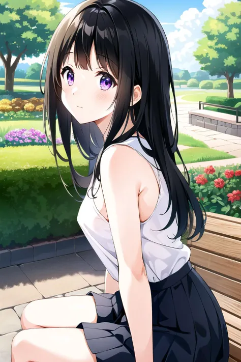 <lora:Chitanda Eru madoka:0.65> , chitanda eru, black hair, purple eyes, casual clothes, skirt, black ,long hair,
closed mouth , sitting, on floor, small breasts, outdoors, breasts, sleeveless, bare shoulders, serene expression, (from side:1.1), sideboob,
(high quality:1.1), 1girl , detailed background, upper body, on bench, looking to the side,day, garden, sunny, water, portrait,<lora:NoiseOffset_v2:1.0>