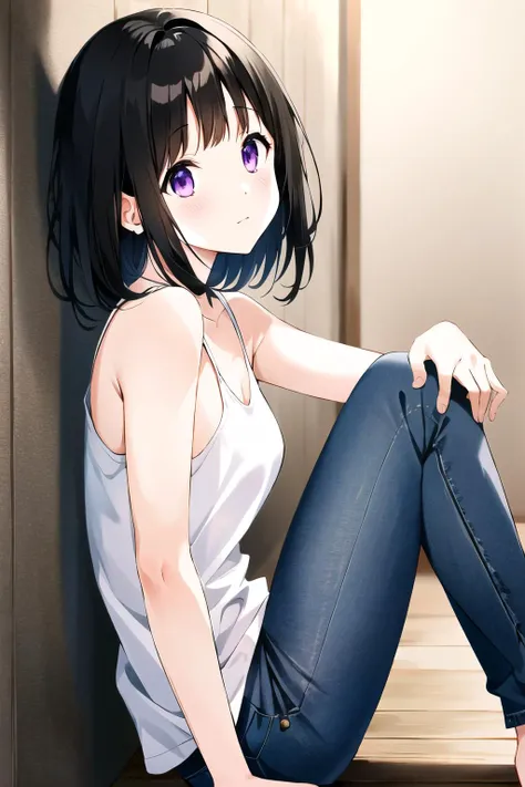 <lora:Chitanda Eru madoka:0.65> , chitanda eru, black hair, purple eyes, casual clothes, mini jeans, white shirt,
closed mouth , sitting, on floor, small breasts, indoors, breasts, sleeveless, bare shoulders, serene expression, (from side:1.1),
 (high quality:1.1), 1girl ,  detailed background, knees up, upper body, hands down, leaning on wall,<lora:NoiseOffset_v2:1.0>