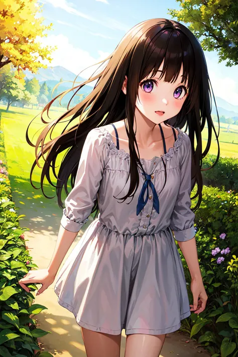 1girl,solo,yuuki mikan,, ,, (best quality:1.3),1girl,outdoor,1piece dress,summer dress,nature,smile,nsfw,cowboy shot,(sweating),small breasts,leaning forward