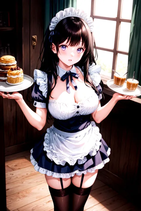 ((masterpiece)), (best quality), (ultra-detailed), (grainy:0.7), intricate detail, perfect anatomy, finely detailed, cinematic composition, colorful, sharp:1.3,
soft shadows, diffused lighting, rim lighting, luminescence, indirect light
detailed background, maid cafe, resturant,
(sfw), 1girl, long hair, black hair, bangs, thicc, large breasts, <lora:chitanda_eru_v10:0.8> hair ornaments,
<lora:add_detail:0.65> full body,
standing, frill maid outfit, lace thighhighs, heels, lace garter belt, frill maid headress, maid apron, frill puffy short sleeves, thighhighs ribbon, hair ribbon, medium skirt, hand holding tray,