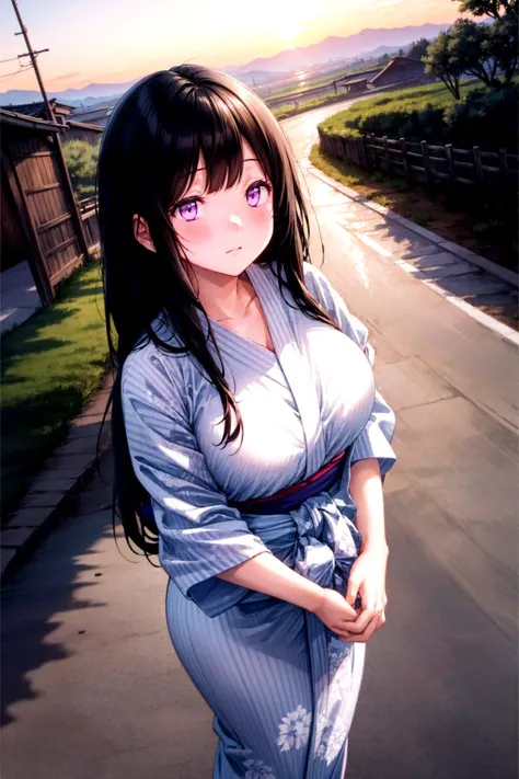 ((masterpiece)), (best quality), (ultra-detailed), (grainy:0.7), intricate detail, perfect anatomy, finely detailed, cinematic composition, colorful, sharp:1.3,
soft shadows, diffused lighting, rim lighting, luminescence, indirect light
detailed background, japanese rice fields, road, sunset, evening, sun light,
sfw, 1girl, chitanda eru, long hair, black hair, purple eyes, yukata kimono, thicc, large breasts, <lora:chitanda_eru_v10:0.8>
<lora:add_detail:0.75>
pov, from above,
standing, alluring eyes, face close up, shy, blush, ((look away, avoid eyes)),