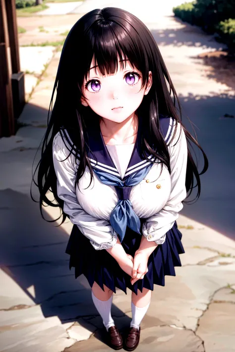 ((masterpiece)), (best quality), (ultra-detailed), (grainy:0.7), intricate detail, perfect anatomy, finely detailed, cinematic composition, colorful, sharp:1.3, 
soft shadows, diffused lighting, rim lighting, luminescence, indirect light
detailed background, school yard, 
sfw, 1girl, chitanda eru, long hair, school uniform, black hair, kamiyama high school uniform (hyouka), skirt, purple eyes, socks, serafuku, kneehighs, white socks, pleated skirt, sailor collar, shoes, bangs, black sailor collar, brown footwear, neckerchief, loafers, black skirt, long sleeves, large breasts, <lora:chitanda_eru_v10:0.7> 
 <lora:add_detail:0.75> 
pov, from above,
standing, arm cross,  alluring eyes, seduction face, reaching viewer, face close up,
 pureerosface_v1