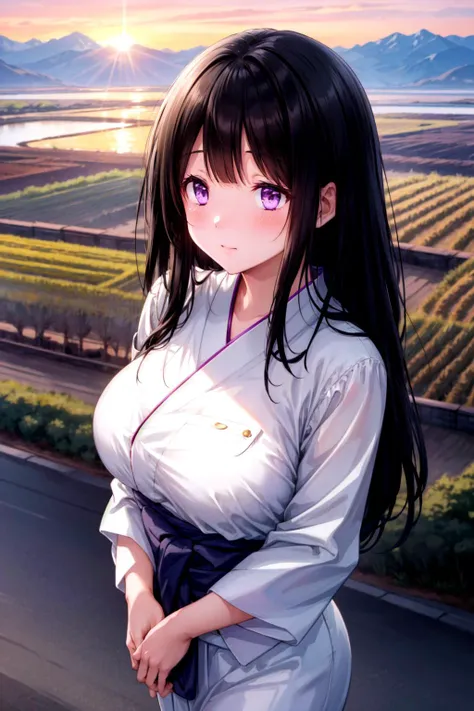 ((masterpiece)), (best quality), (ultra-detailed), (grainy:0.7), intricate detail, perfect anatomy, finely detailed, cinematic composition, colorful, sharp:1.3, 
soft shadows, diffused lighting, rim lighting, luminescence, indirect light
detailed background, japanese rice fields, road, sunset, evening,  lens flare,
sfw, 1girl, chitanda eru, long hair, black hair, purple eyes, yukata kimono, thicc, large breasts, <lora:chitanda_eru_v10:0.8> 
 <lora:add_detail:0.75> 
pov, from above,
standing, alluring eyes, face close up, shy, blush, ((look away, avoid eyes)),