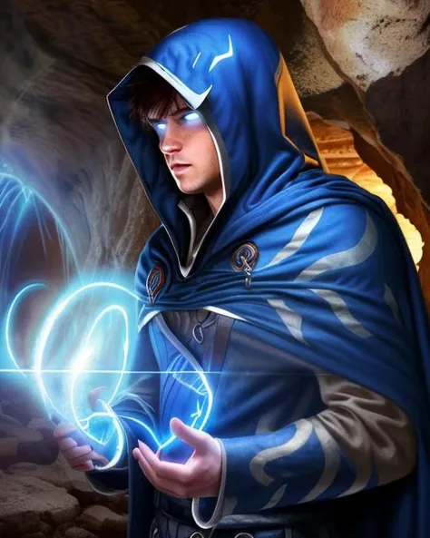 best quality, masterpiece, highres, detailed, perfect anatomy, <lora:Style - add_detail:0.2>, JaceMind, 1boy, glowing eyes, brown hair, mysterious, hooded cloak, blue mist, blue magic, ruins, ancient ruins, cave, engraved, blue eyes, illusion, clone, phantasm, upper body, blue clothes <lora:JaceM:0.8>