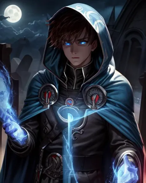 best quality, masterpiece, highres, detailed, perfect anatomy, <lora:Style - add_detail:0.2>, JaceM, 1boy, glowing eyes, brown hair, hooded cloak, mysterious, blue mist, blue magic, graveyard, tombstone, searching, <lora:JaceM:0.8>, blue eyes, illusion, clone, phantasm, upper body, moon, blue clothes