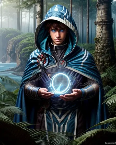 best quality, masterpiece, highres, detailed, perfect anatomy, <lora:Style - add_detail:0.2>, JaceMind, 1boy, glowing eyes, brown hair, mysterious, hooded cloak, blue mist, blue magic, forest, jungle, tropical animals, ocean, blue eyes, illusion, clone, phantasm, upper body, blue clothes <lora:JaceM:0.8>