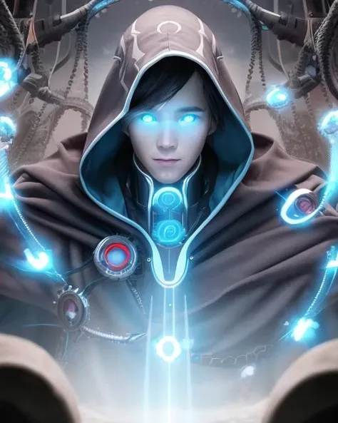 best quality, masterpiece, highres, detailed, perfect anatomy, <lora:Style - add_detail:0.2>, JaceMind, 1boy, glowing eyes, brown hair, mysterious, hooded cloak, blue mist, blue magic, pyramids, desert, blue eyes, illusion, clone, phantasm, upper body, blue clothes <lora:JaceM:0.8>, cyborg, tendrils, mechanical eye, mechanical appendages, mechanical tentacles,