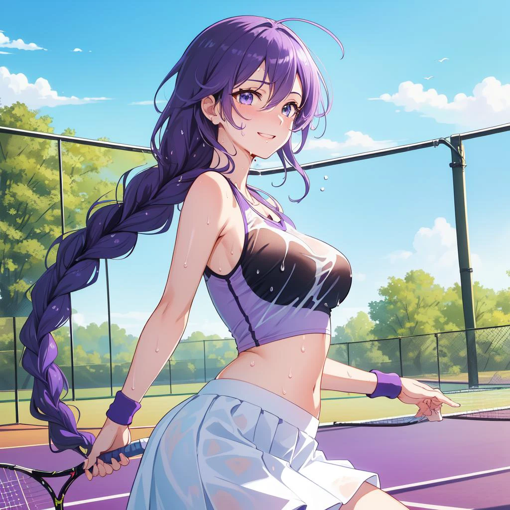 (((best quality))), (((masterpiece))), ((ultra-detailed)) ((illustration)), ((disheveled hair)), (beautiful detailed eyes), beautiful, amazing, detailed eyes, (realistic:0.5), (detailed skin), (oily skin) dynamic angle, dynamic pose official art, extremely detailed CG unity 8k wallpaper, 4k uhd, beautiful anime woman best shadow ((((purple hair)))), (((single braid))), absurdly long hair, large breasts, purple eyes (short white tanktop), ((sweat)) ((wet cloths)) standing, (white skirt), ((tennis bat in hand)), (tennis court), smile, belly,