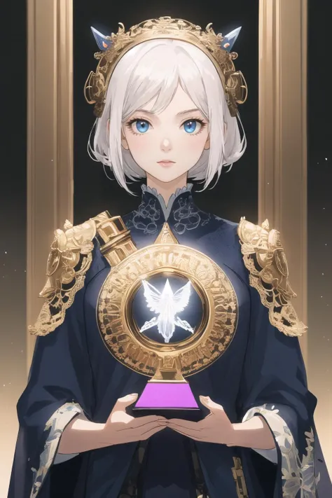 surreal photography of a stunningly beautiful cyborg female, white hair, blue eyes, embraced, delicate gold filigree, intricate detailed, glowing, in the style of beth cavener, jin kagetsu, and wlop, highly detailed, intricate filigree, chrome face symmetry, masterpiece, award - winning, sharp focus, concept art, high key, ambient lighting, 8 k, octane render
