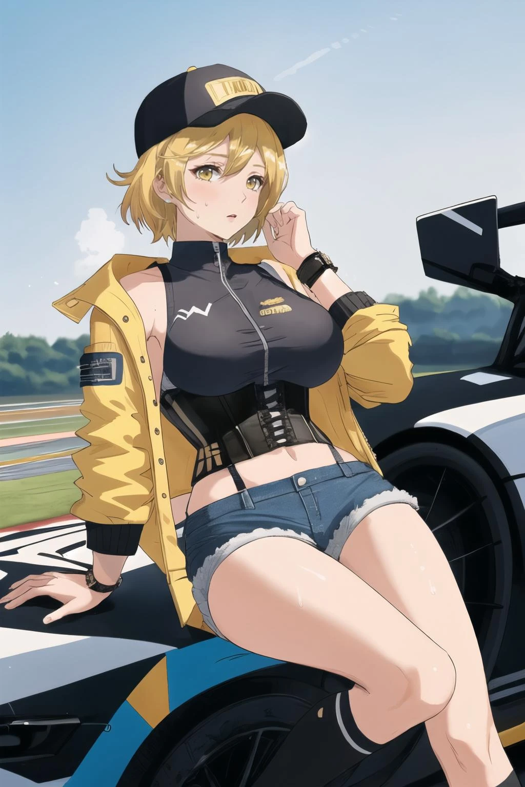 Masterpiece,high quality,beautiful wallpaper,16k,animation,illustration,positive perspective,perfect body,complete body,detailed face,delicate features,(solo:1.2),((1girl)),thin,sexy,(medium to large breasts :1.2),(tall body),high height,(Cap :1.3),(racer style clothing :1.4),Sweat,sports bracelets,collars,midriff,black and yellow tones,(bomber jacket draped over the body),(corset),(denim shorts :1.3),(broken black over knee socks),(socks broken),(sitting on the car),
