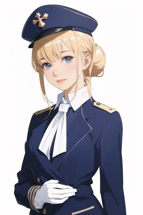 stewardess woman,21 years old,(white background:1.3),(upper body:1.2),subsurface scattering,smiling,hair bun,blonde hair,bangs,stewardess,dark blue uniform,garrison cap,pantyhose,white gloves,(airplane cabin),light smiling,((best detailed slender body)),(european idol, european beauty, european mixed),(wide hip:0.7, large breasts:0.8, perfect slender young girl body),(tall_image:1.3),Perfectly glossy skin,picture of a vivid,(masterpiece:1.2),(extremely detailed),(8k:1.1),(perfect lighting,best quality,highres,original),(realistic photography:1.4),(tall image:1.5),high detailed skin,shaded face,soft lighting,(small face),shiny_and_glossy_skin,RAW,ultra highres,pores visible,(ultra realistic quality,highres,original),(realistic:1.4),(tall image:1.5),high detailed skin,shaded face,soft lighting,(small face),shiny_and_glossy_skin,tone abs,depth of shadow