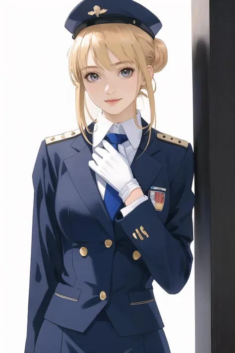 stewardess woman,21 years old,(white background:1.3),(upper body:1.2),subsurface scattering,smiling,hair bun,blonde hair,bangs,stewardess,dark blue uniform,garrison cap,pantyhose,white gloves,(airplane cabin),light smiling,((best detailed slender body)),(european idol, european beauty, european mixed),(wide hip:0.7, large breasts:0.8, perfect slender young girl body),(tall_image:1.3),Perfectly glossy skin,picture of a vivid,(masterpiece:1.2),(extremely detailed),(8k:1.1),(perfect lighting,best quality,highres,original),(realistic photography:1.4),(tall image:1.5),high detailed skin,shaded face,soft lighting,(small face),shiny_and_glossy_skin,RAW,ultra highres,pores visible,(ultra realistic quality,highres,original),(realistic:1.4),(tall image:1.5),high detailed skin,shaded face,soft lighting,(small face),shiny_and_glossy_skin,tone abs,depth of shadow