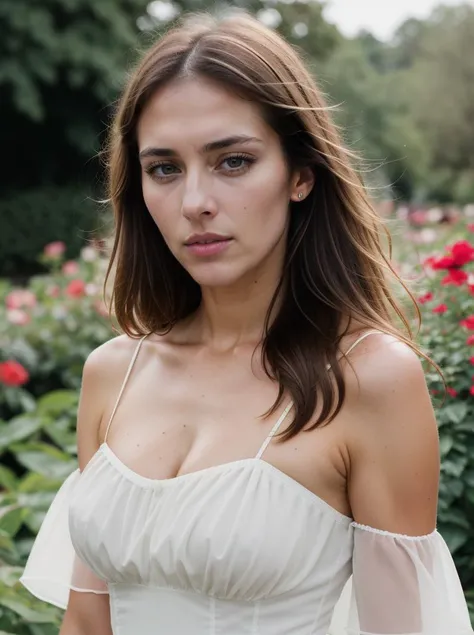 Analog photo, tv_Tracy_Wozniaki_MXAI , serene expression, wearing an elegant colorful summerdress, walking through an ornate rose garden, noon, summer, colorful butterflies, ((cowboy shot)), PA7_Portrait-HL_v2, (((Ultra-HD-details, Ultra-HD-detailed, Ultra-HD-realistic, Ultra-HD-photo-same-realistic-quality-details))), 8k uhd, dslr, soft lighting, high quality, film grain, Fujifilm XT3