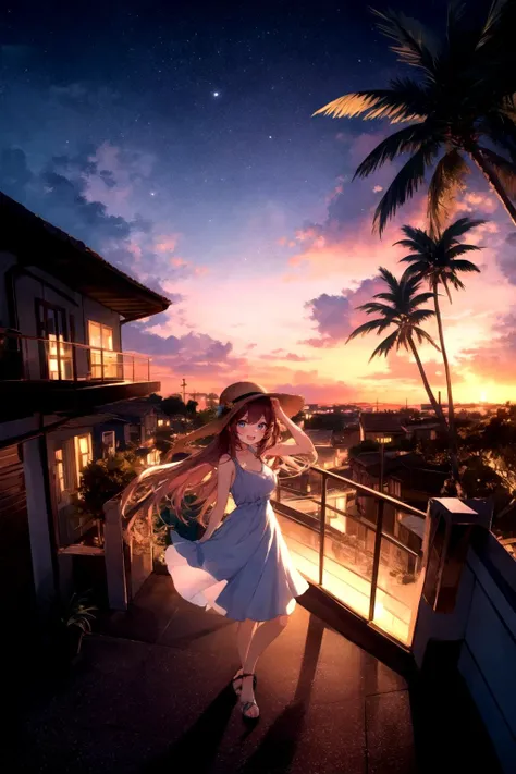 (anime, tone mapped:1.2),(exceptional, best aesthetic, best quality, masterpiece, newest, extremely detailed:1.2), 4k, 8k,extremely intricate detailed, perfect body proportion, perfect anatomy, (((cinematic lighting))), vivid color, high contrast, (((strong saturated color))),  BREAK
night sky, sunset, clouds, cloudy, coconut tree, foliage, potted plants, treehouse on right, balcony BREAK
1girl, full body, 19 years-old, skinny, kawaii cute anime  face, happy face, opened mouth, ((active pose)), long hair, medium breasts, summer dress,  wearing straw hat, sandals, looking at viewer,