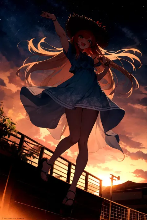 (anime, tone mapped:1.2),(exceptional, best aesthetic, best quality, masterpiece, newest, extremely detailed:1.2), 4k, 8k,extremely intricate detailed, perfect body proportion, perfect anatomy, (((cinematic lighting))), vivid color, high contrast, (((strong saturated color))), BREAK
night sky, sunset, clouds, cloudy, coconut tree, foliage, potted plants, treehouse on right, balcony BREAK
1girl, full body, 19 years-old, skinny, kawaii cute anime face, happy face, opened mouth, ((active pose)), long hair, summer dress, wearing straw hat, sandals, looking at viewer,