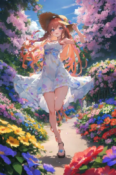 (anime, tone mapped:1.2),(exceptional, best aesthetic, best quality, masterpiece, newest, extremely detailed:1.2), 4k, 8k, extremely intricate detailed, perfect body proportion, perfect anatomy, (((cinematic lighting))), vivid color, high contrast, (((strong saturated color))),  BREAK
scenery, afternoon, artistic beautiful flower garden, BREAK
1girl, full body, 19 years-old, skinny, kawaii cute anime  face, (happy face), opened mouth, ((active pose)), [blonde|brown|orange] hair, long hair, white summer dress,  wearing straw hat, sandals, looking at viewer,
pastel toned flowers, DreamFlower <lora:dreamflower:1>