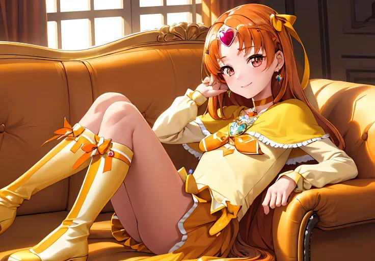 masterpiece, best quality, looking at viewer, , face palm,((baby face:1.2)),12yo,slim body,from front,lolli,Petit,shiny,
1girl, <lora:locon_cure_muse_01_release:0.9>, cure muse, orange hair, hair ribbon, yellow choker, jewelry, brooch, capelet, tiara, boots,
smile, sit on sofa,