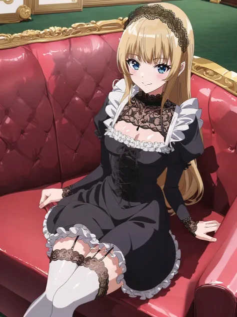 (incredibly absurdres:1.5),(flawless:1.5),(shiny glossy clothes:1.5),(sharp shadow:1.5),(anime screencap:1.2), (anime official wallpaper:1.5),cel shading,flat color,
BREAK
1girl,(fine detail intricate frills opulent lace gothic maid:1.5),(smile,embarrassed :1), (confident:1.5),(shiny glossy skin:1.1),(sitting couch:1.5),
BREAK
(ultra detail opulent gothic mansion :1.5),